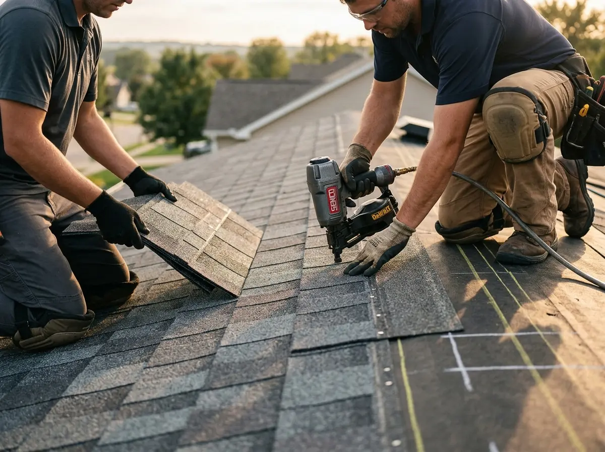 Professional roofer working on a residential roof in Delanco